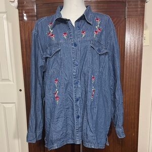 Plus size Embroidered Denim Shirt with Floral Accents